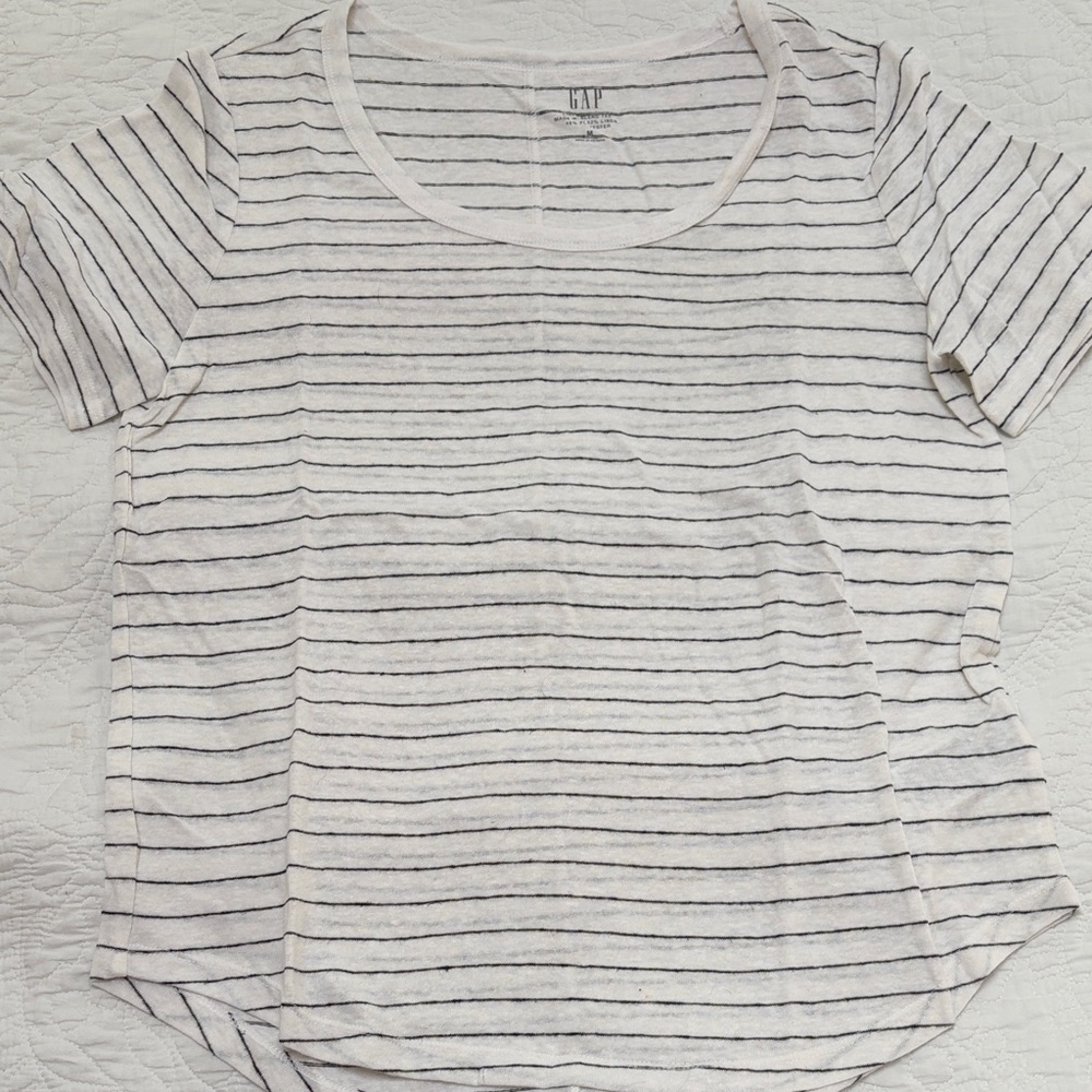 GAP Women's White & Navy Stripe Linen Blend Short Sleeve Tee sz M